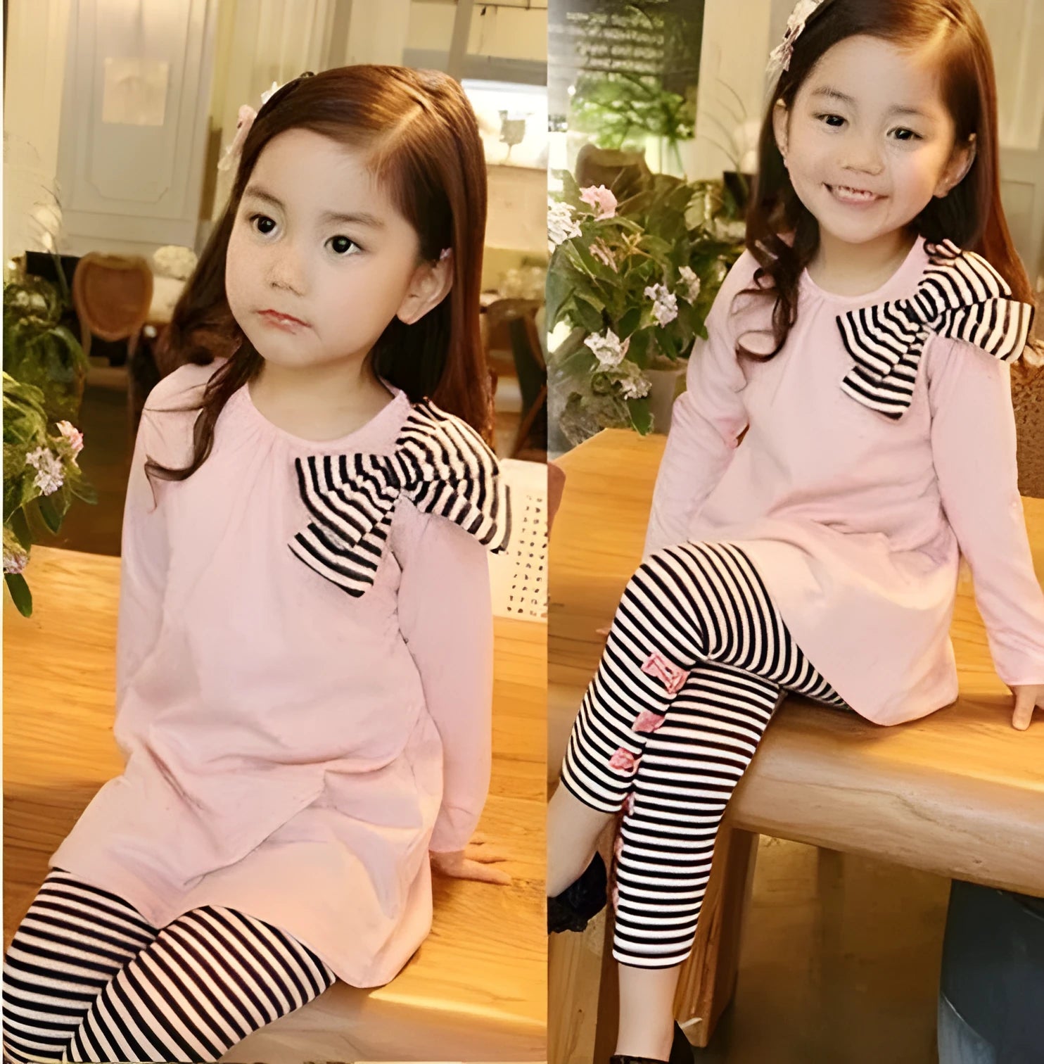 Pink cotton girl clothing set displayed in sizes 110cm to 140cm for daily wear