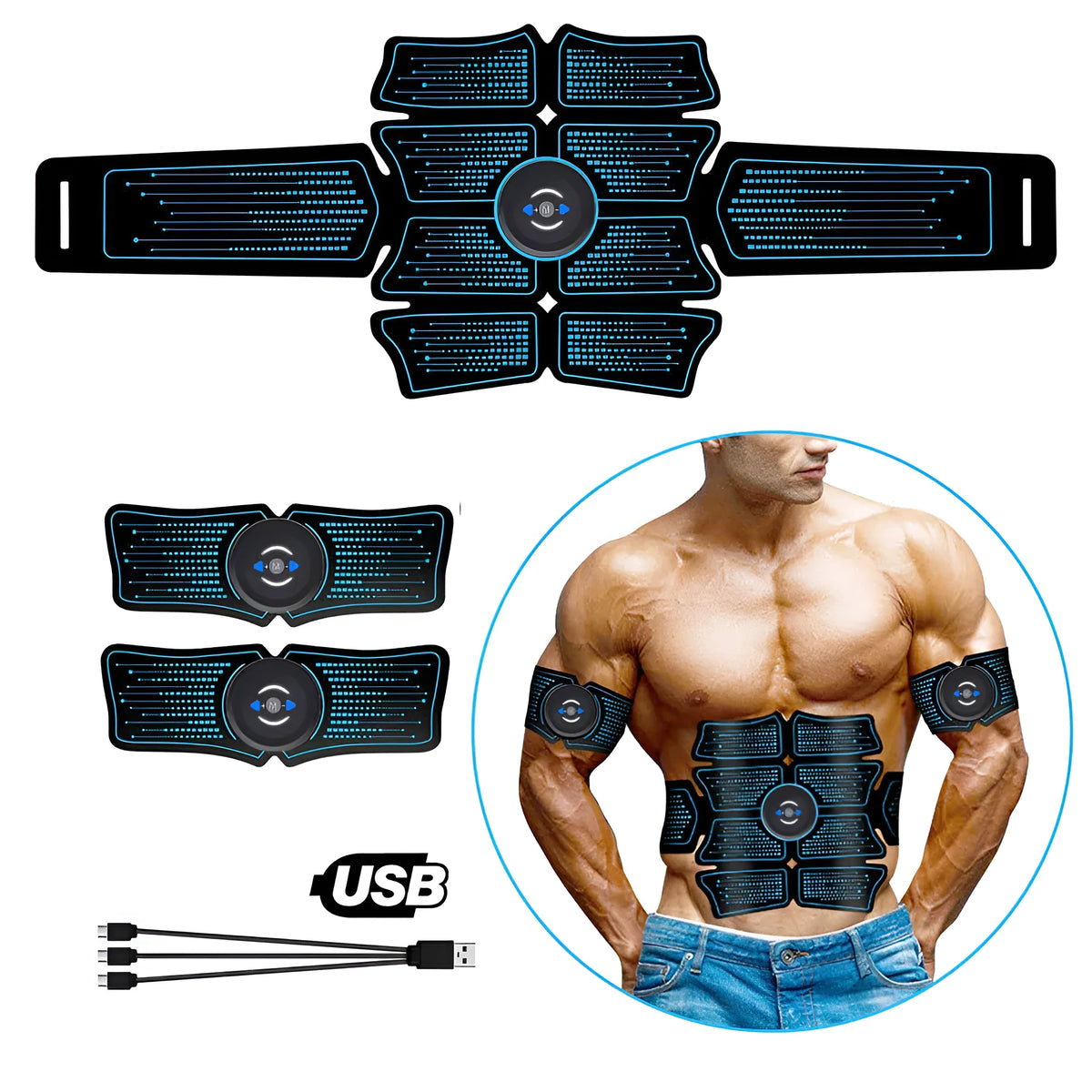 EMS abdominal muscle stimulator belly belt with 6 modes, 10 frequencies, 3 controllers, and USB charging cable