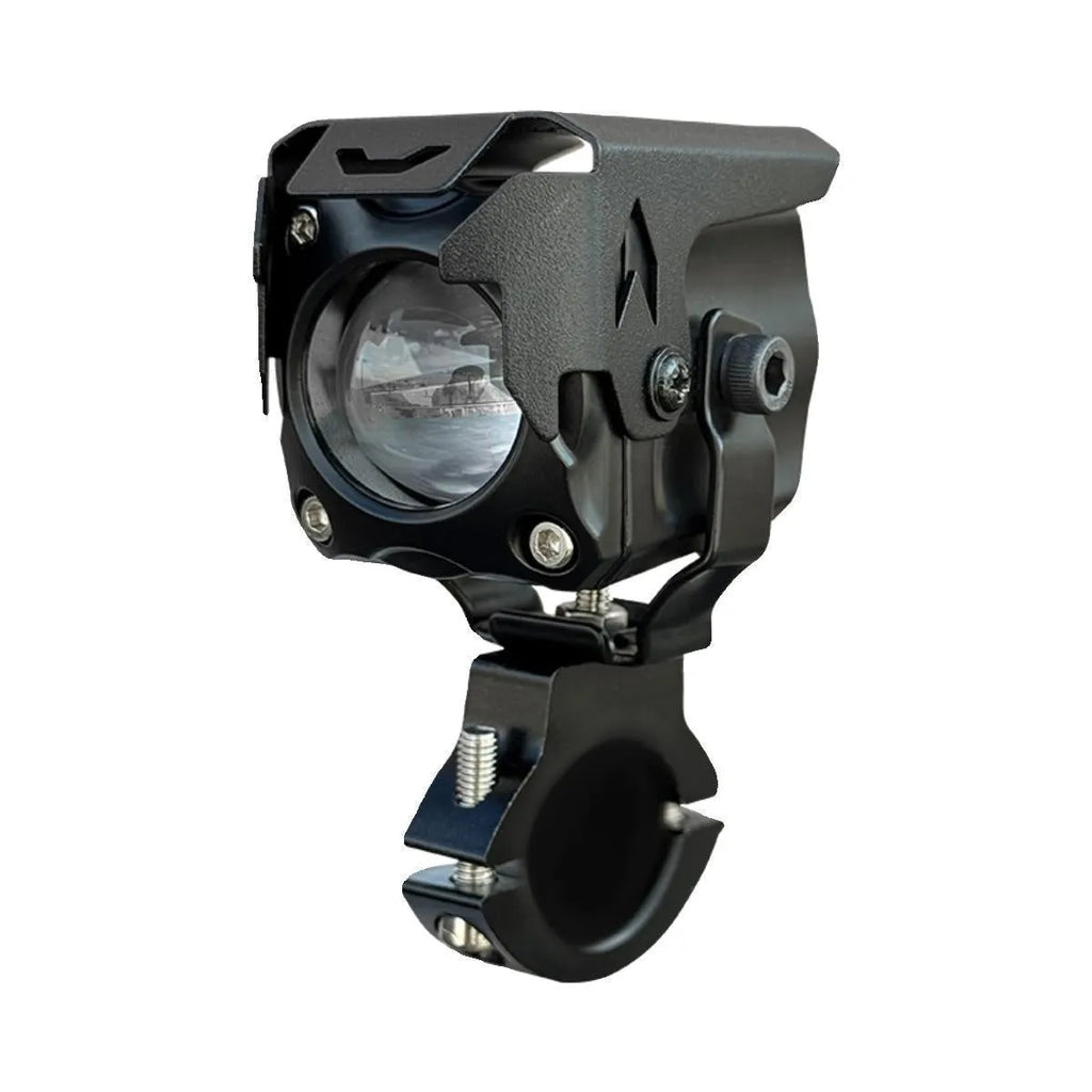 Motorcycle LED spotlight kit with integrated tangent lens, wireless remote control, and mounting brackets