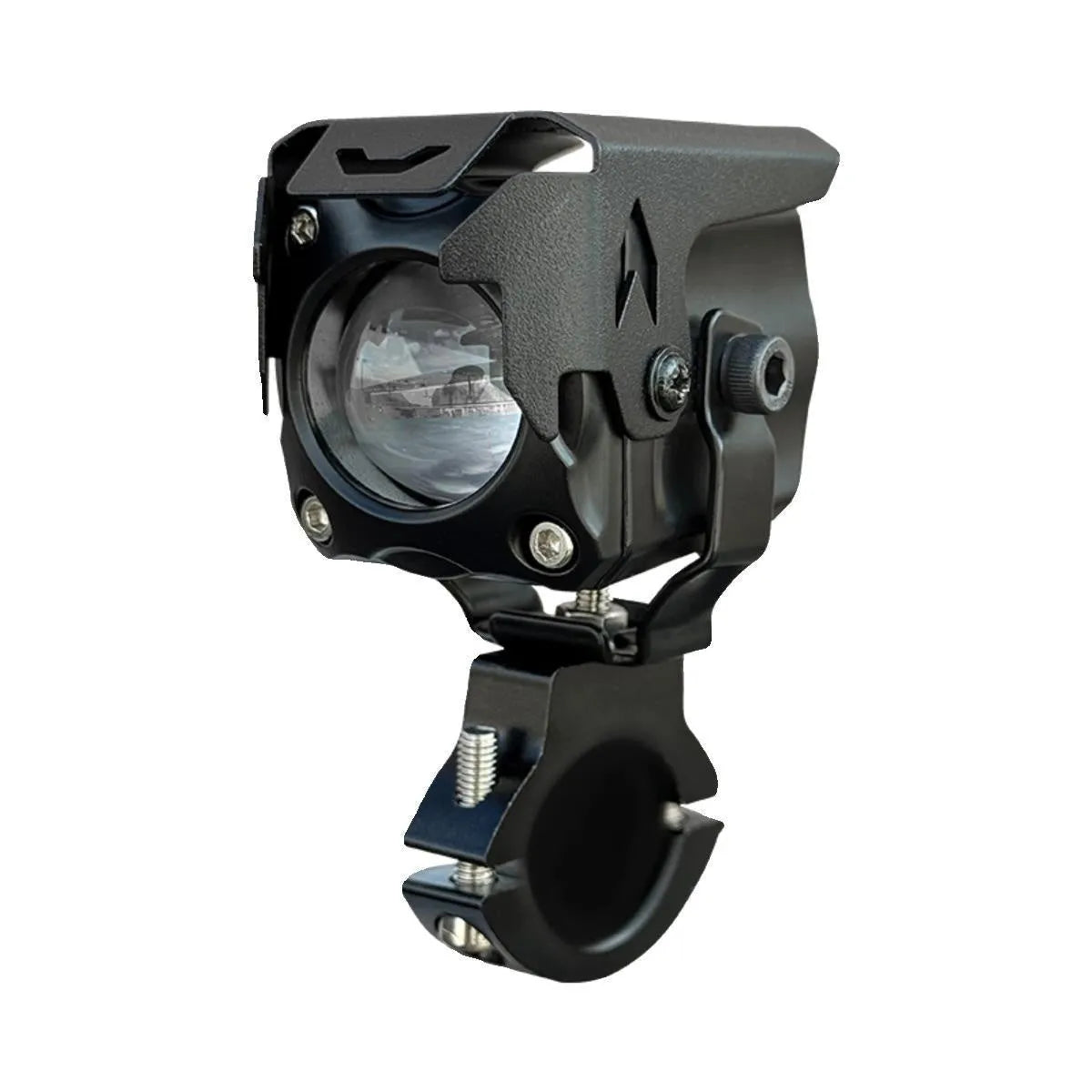 Motorcycle LED spotlight kit with integrated tangent lens, wireless remote control, and mounting brackets