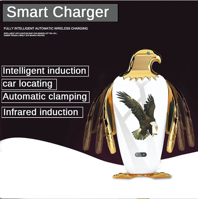 Car phone holder with wireless charging base and suction cup mount in black and gold colour with eagle design.