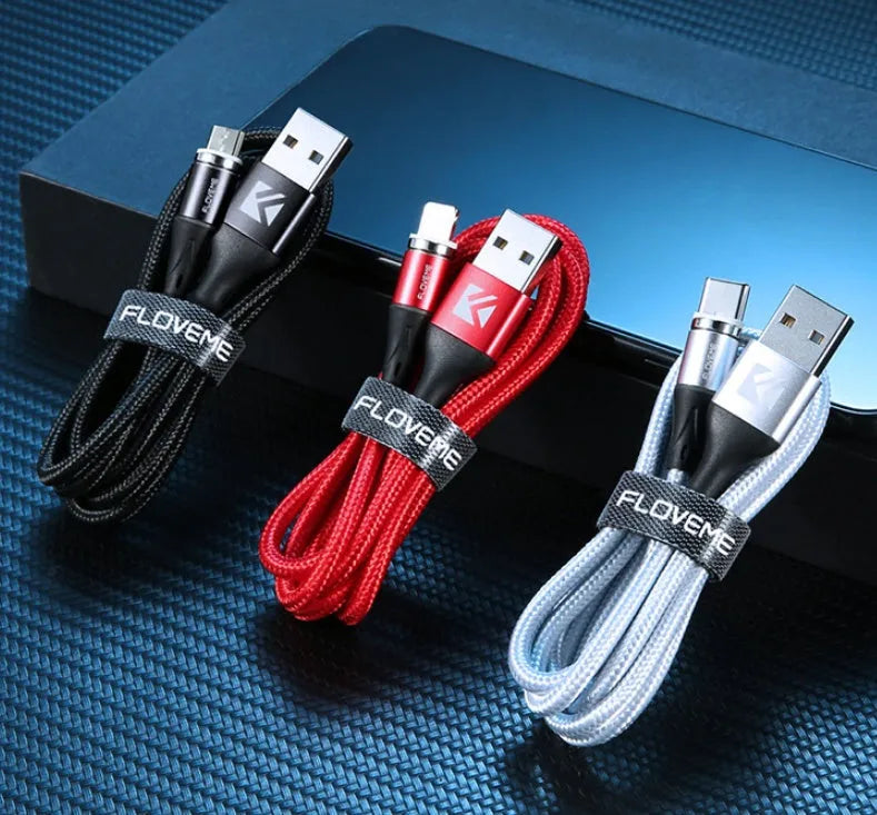 Black magnetic 3-in-1 fast charge data cable with side lighting for iPhone and Android phones