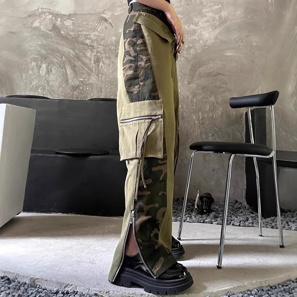 Dark khaki leopard print high waist jeans with straight legs and faux double stitching details