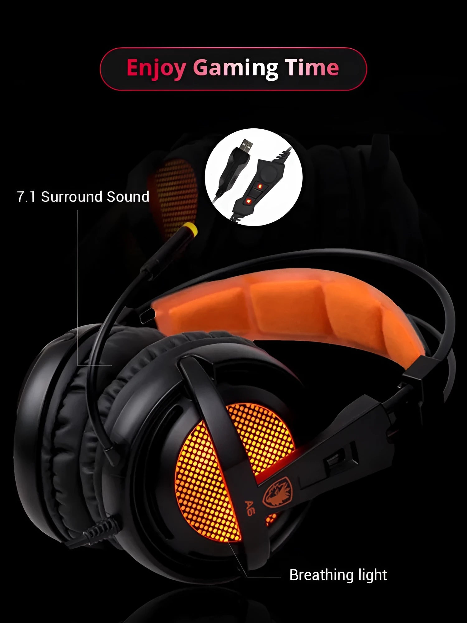 Black USB gaming headset with LED lights on ear cups, showing over-ear design.