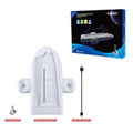 White PS5 Slim charging base with cooler pad fan, RGB lights, fixed charger and charging belt
