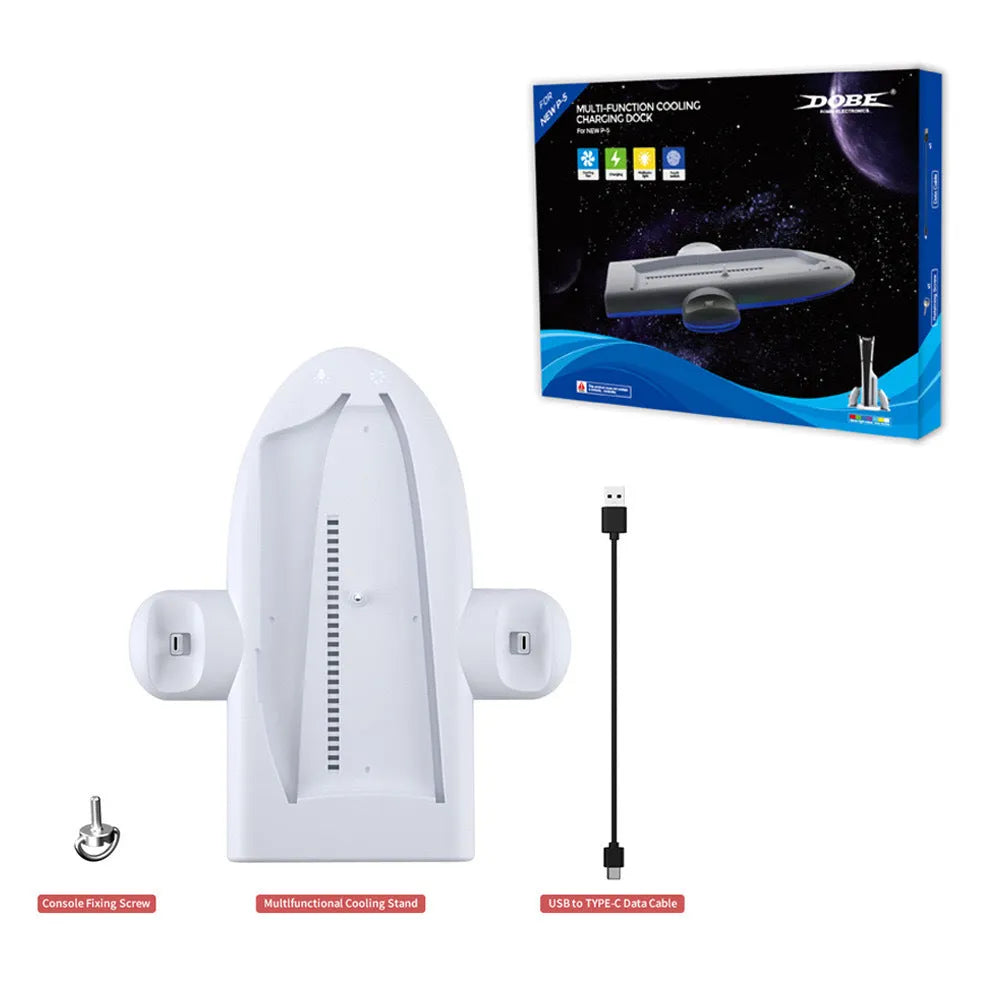 White PS5 Slim charging base with cooler pad fan, RGB lights, fixed charger and charging belt