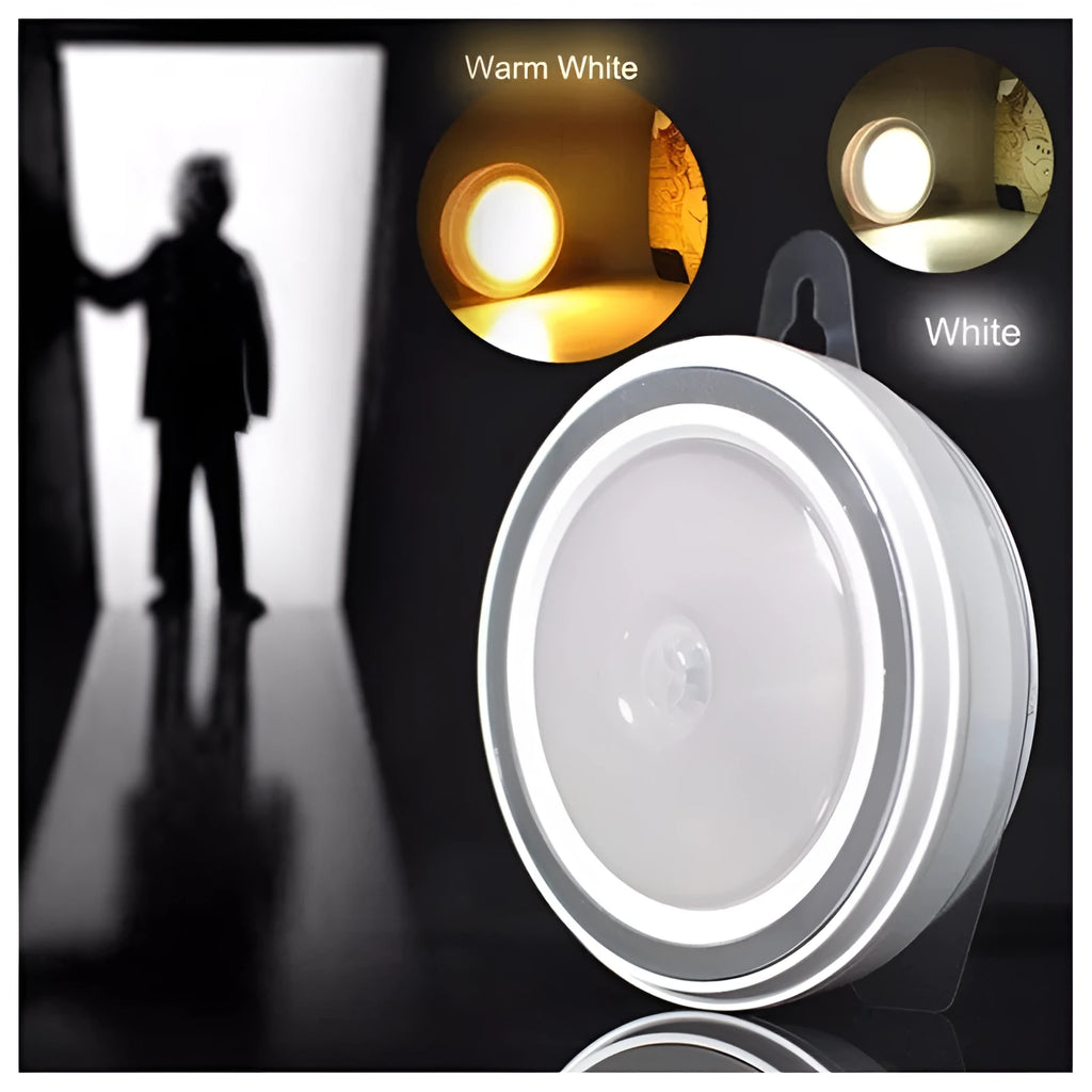 Round white motion sensor LED light unit with PIR sensor and LED array.
