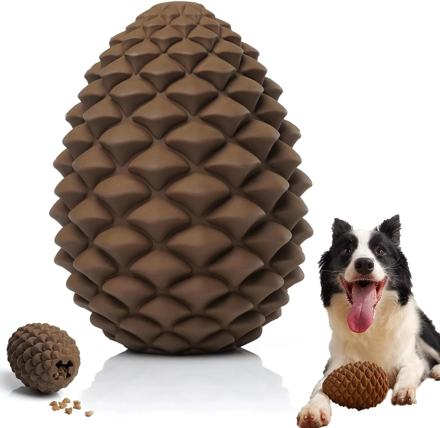 Yellow pine cone shaped dog chew toy with treat dispenser on textured surface