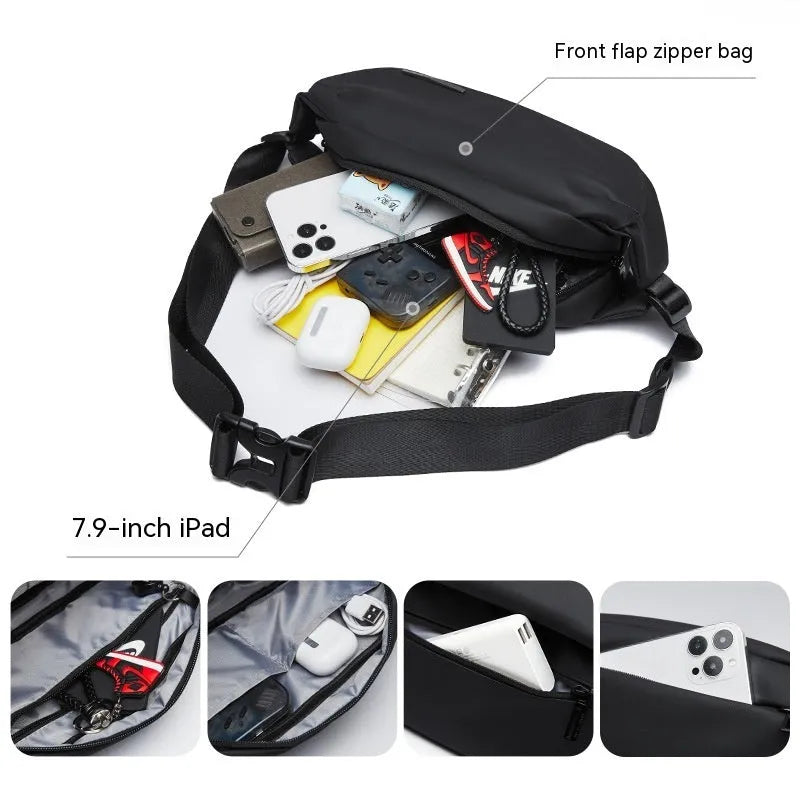 Black Oxford cloth men's messenger bag with cross-body strap and street style design
