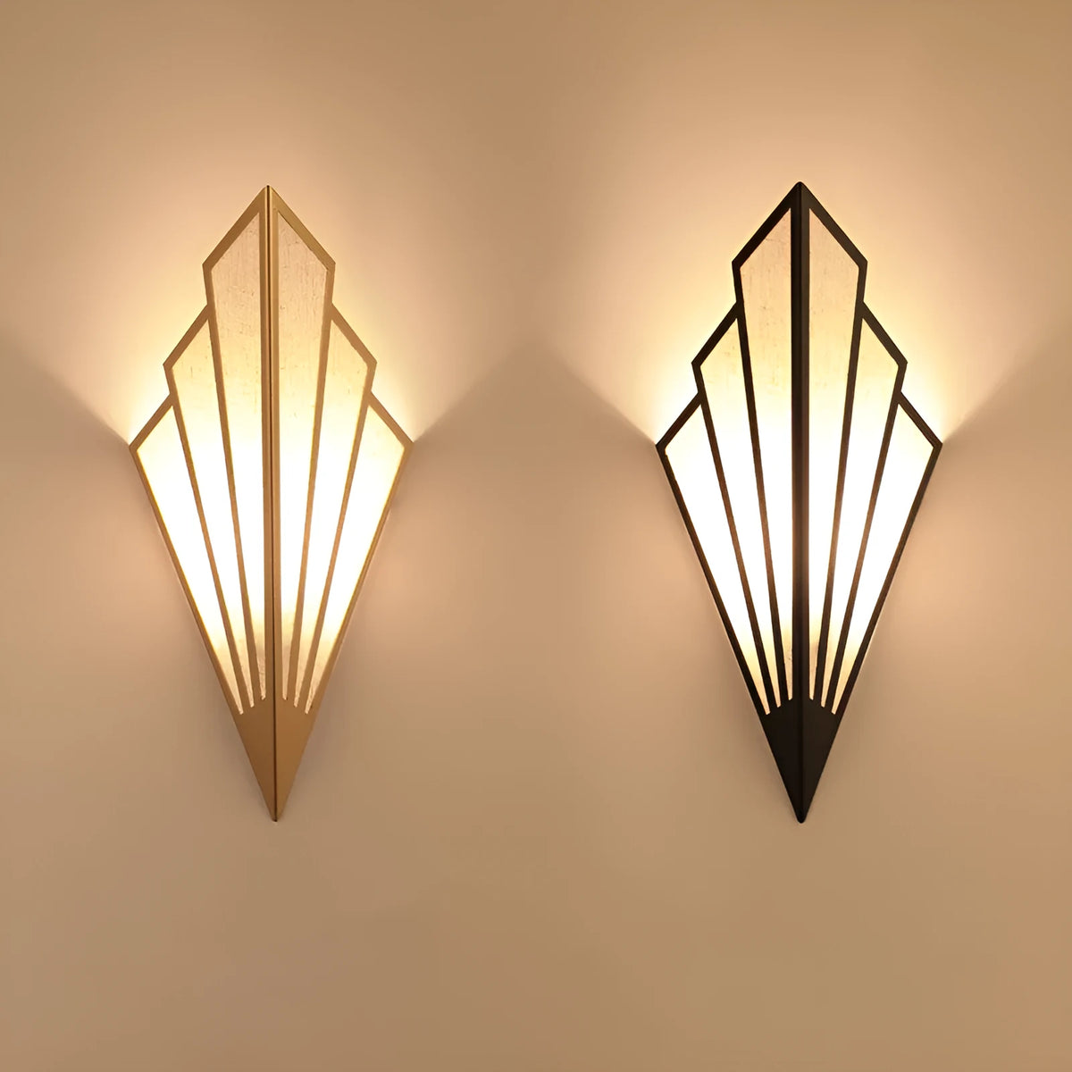 Black or gold wrought iron wall lamp with linen shade, 18cm diameter, 43cm high, 17cm from wall