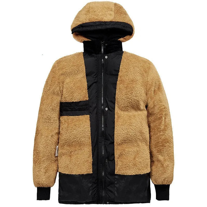 Men's black padded winter jacket with hood and double-breasted closure showing velvet lining