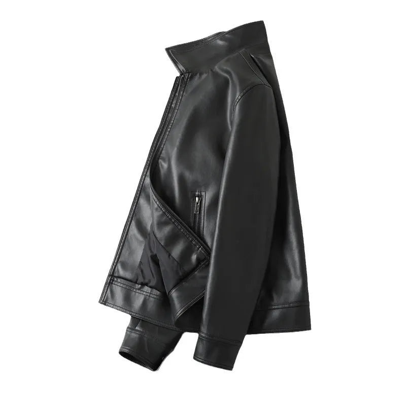 Men's black PU leather casual jacket with zip-up front and zipper pockets