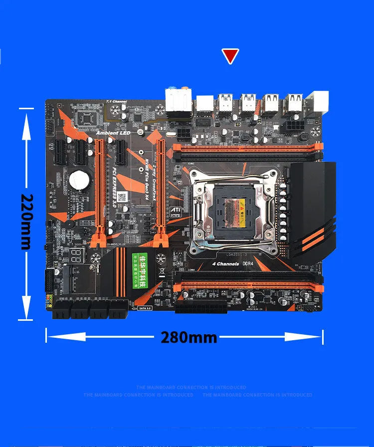 X99 computer motherboard showing LGA2011-3 CPU socket, four DDR4 memory slots, and M.2 interface