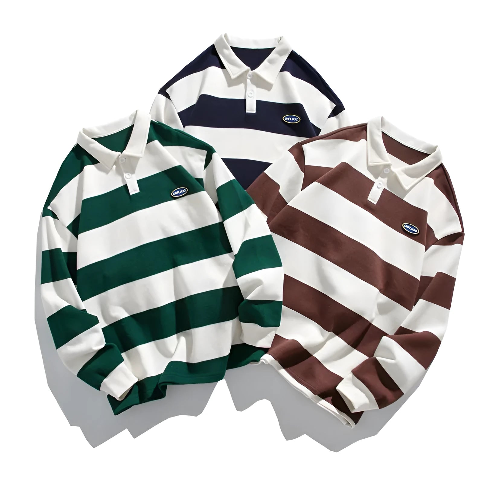 Men's loose pearl cotton polo shirt with striped collar in blue, green, or coffee colours