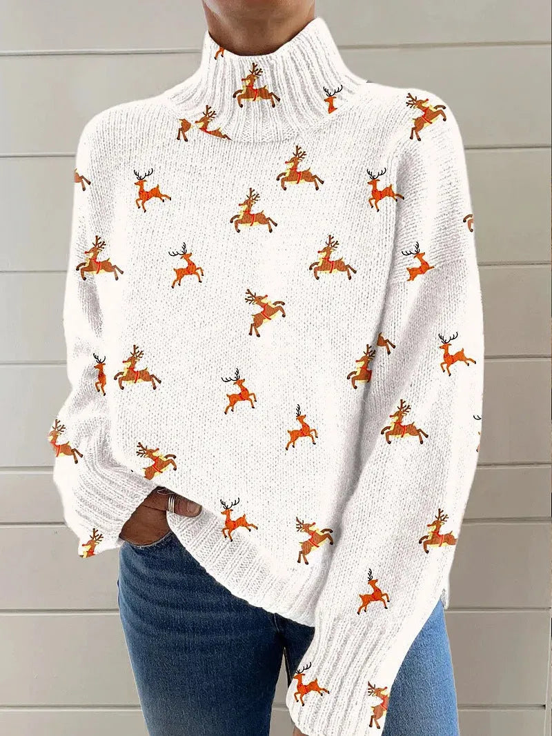 Women's Christmas printed turtleneck sweater in loose fit with painting pattern and macaron colours