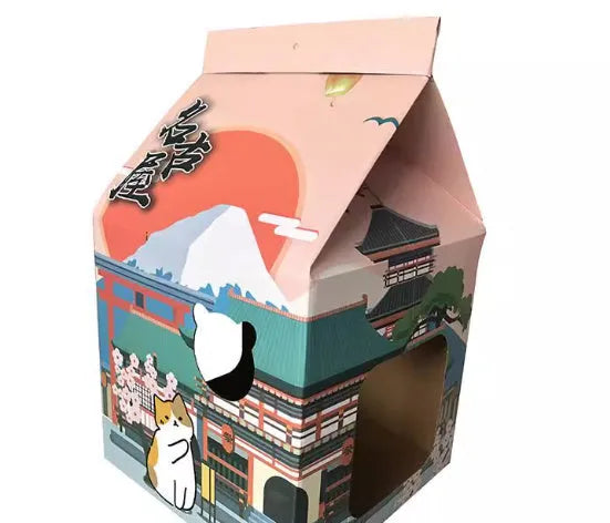Foldable corrugated paper cat scratching board with Nagoya design, shown as a cat nest.
