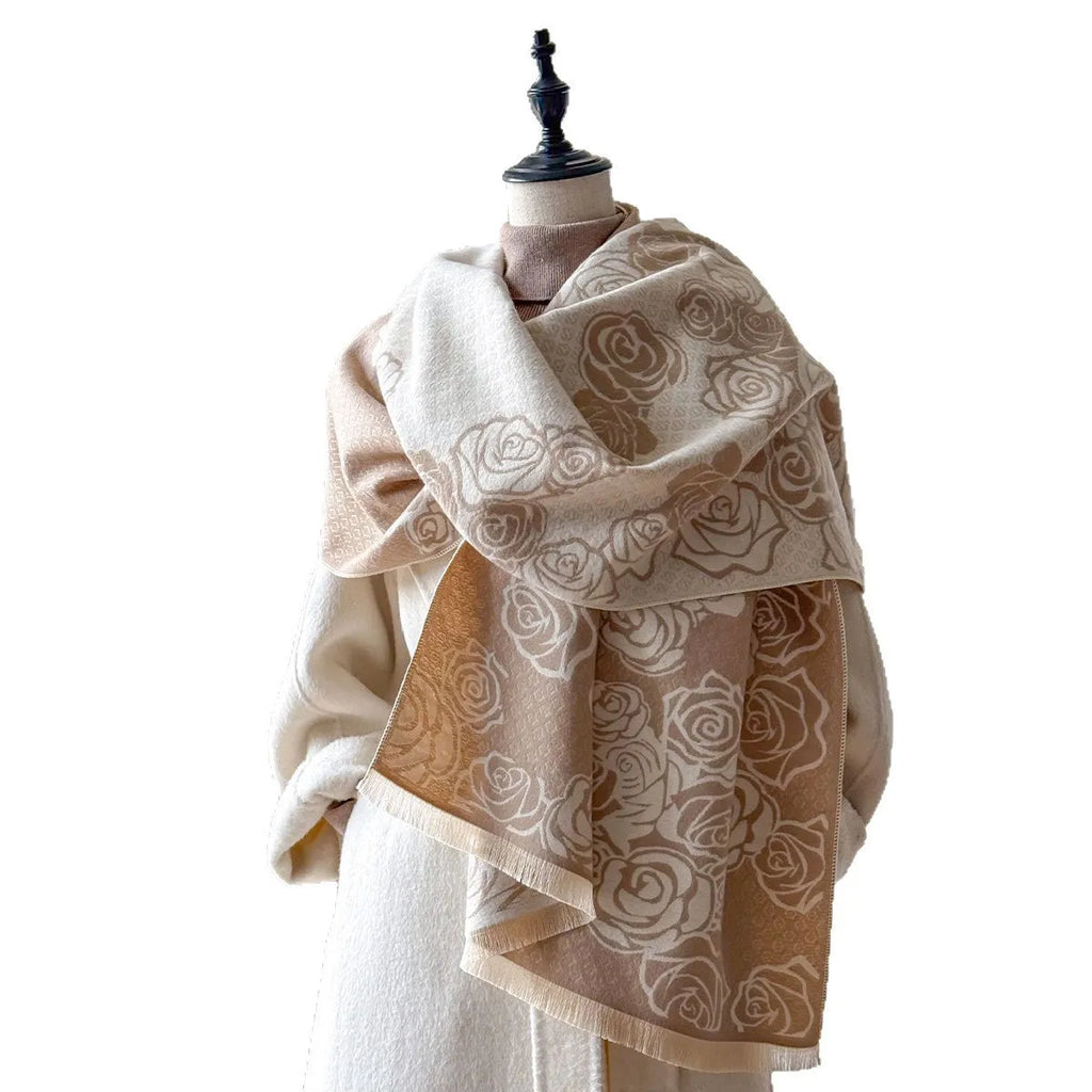 Long gray cashmere-like winter scarf with tassels laid flat showing its 185cm length