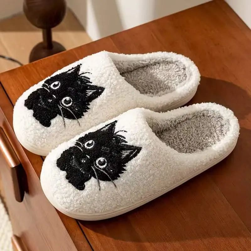 White plush slippers with Black Beard Cat cartoon couple pattern and non-slip sole.