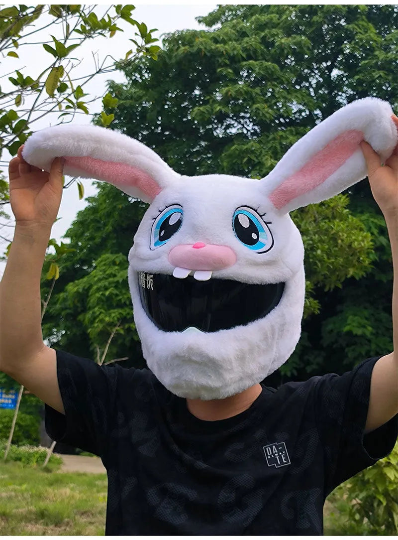 White rabbit head helmet cover with long ears made from plush PP cotton material