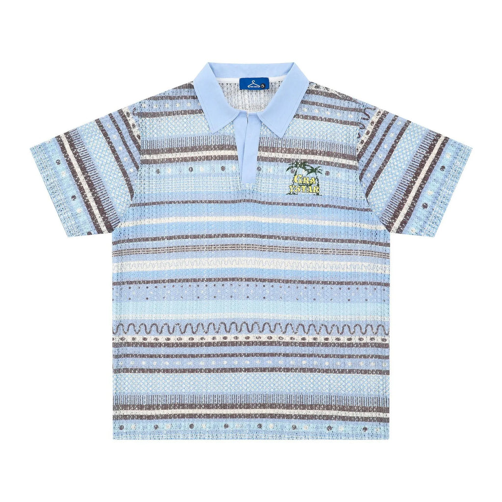 Men's blue and yellow printed short sleeve polyester shirt with loose fit design for casual wear