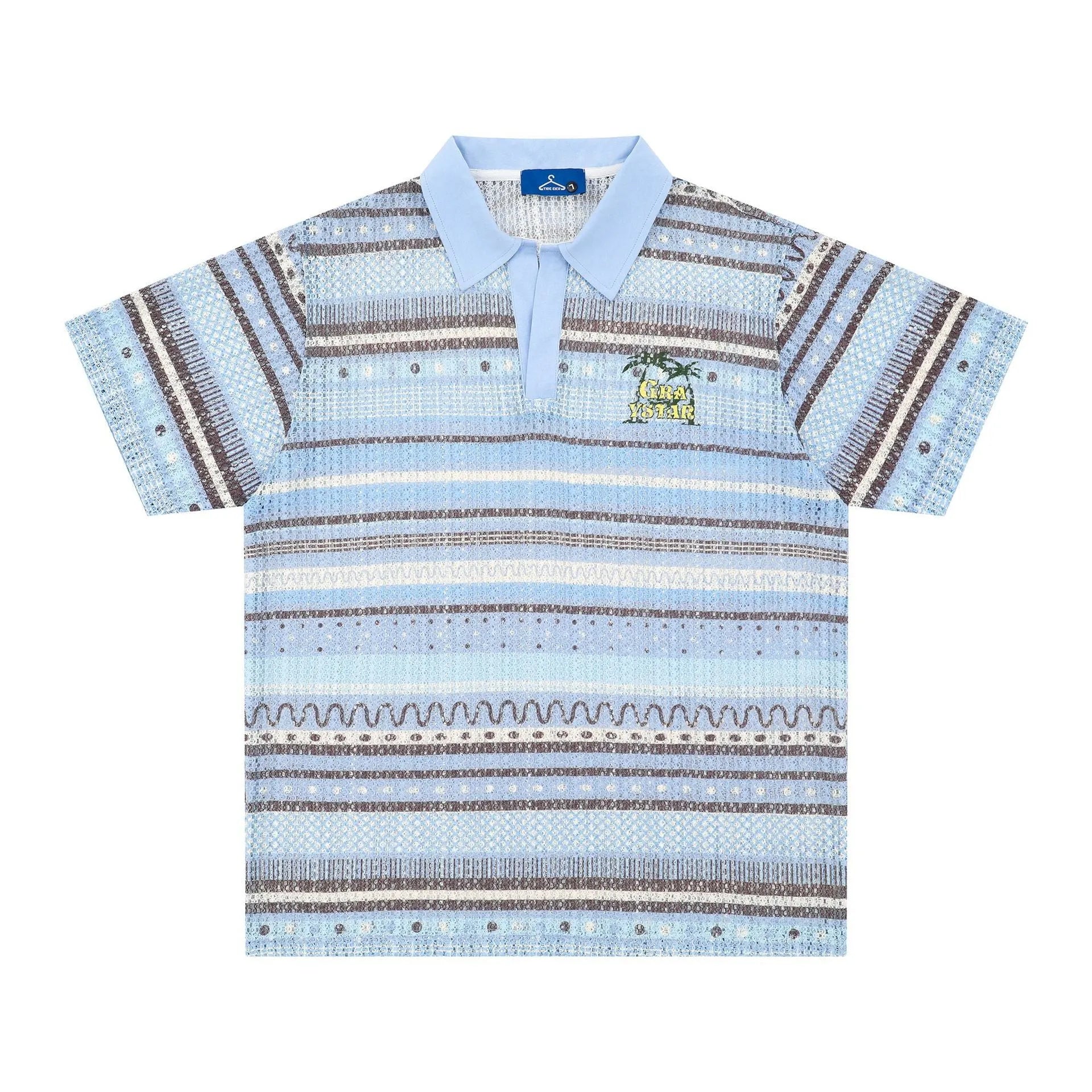 Men's blue and yellow printed short sleeve polyester shirt with loose fit design for casual wear