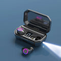 Black and white wireless Bluetooth earbuds with charging case showing LED digital power display.