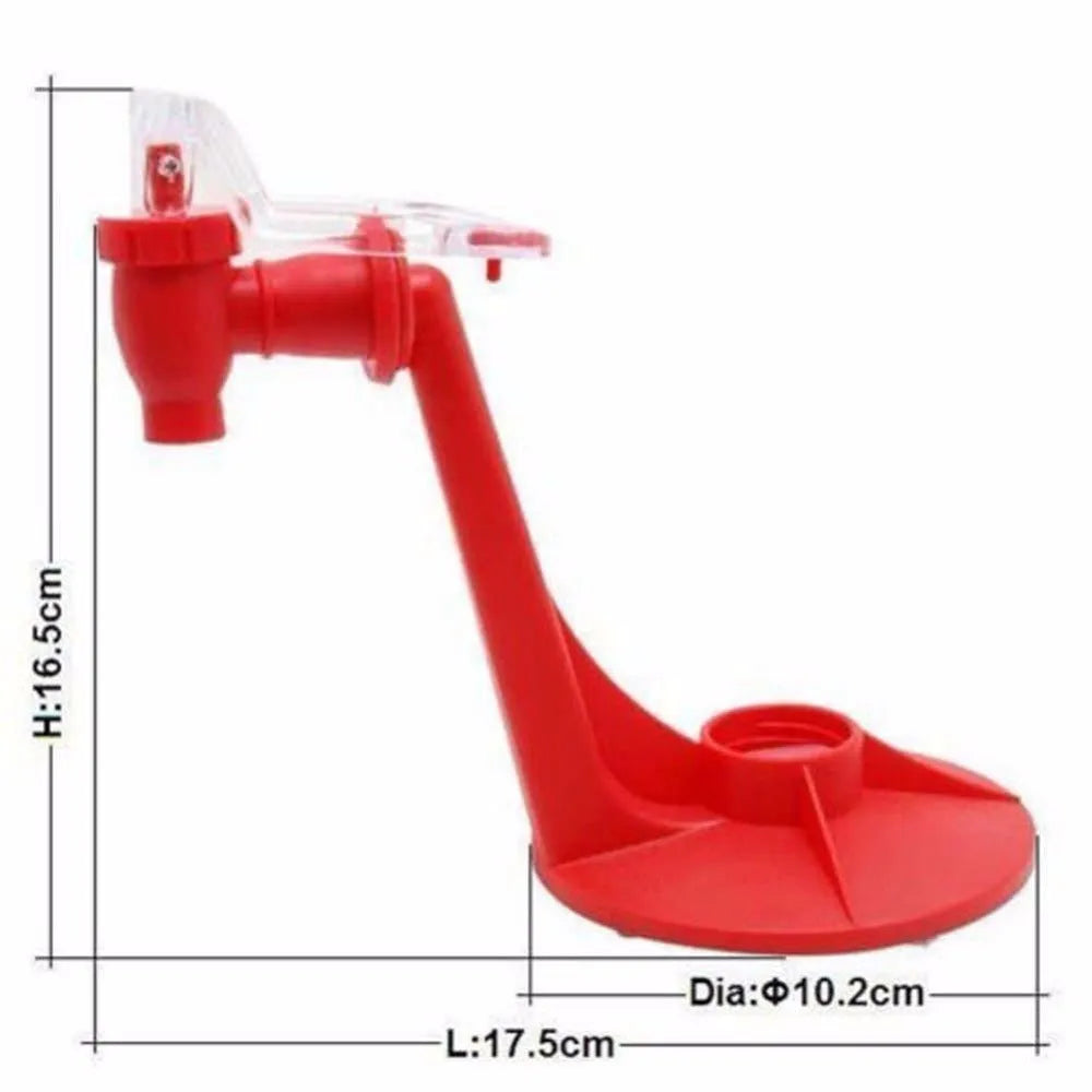 Red plastic Magic Tap soda bottle dispenser attached to a 2-litre drink bottle