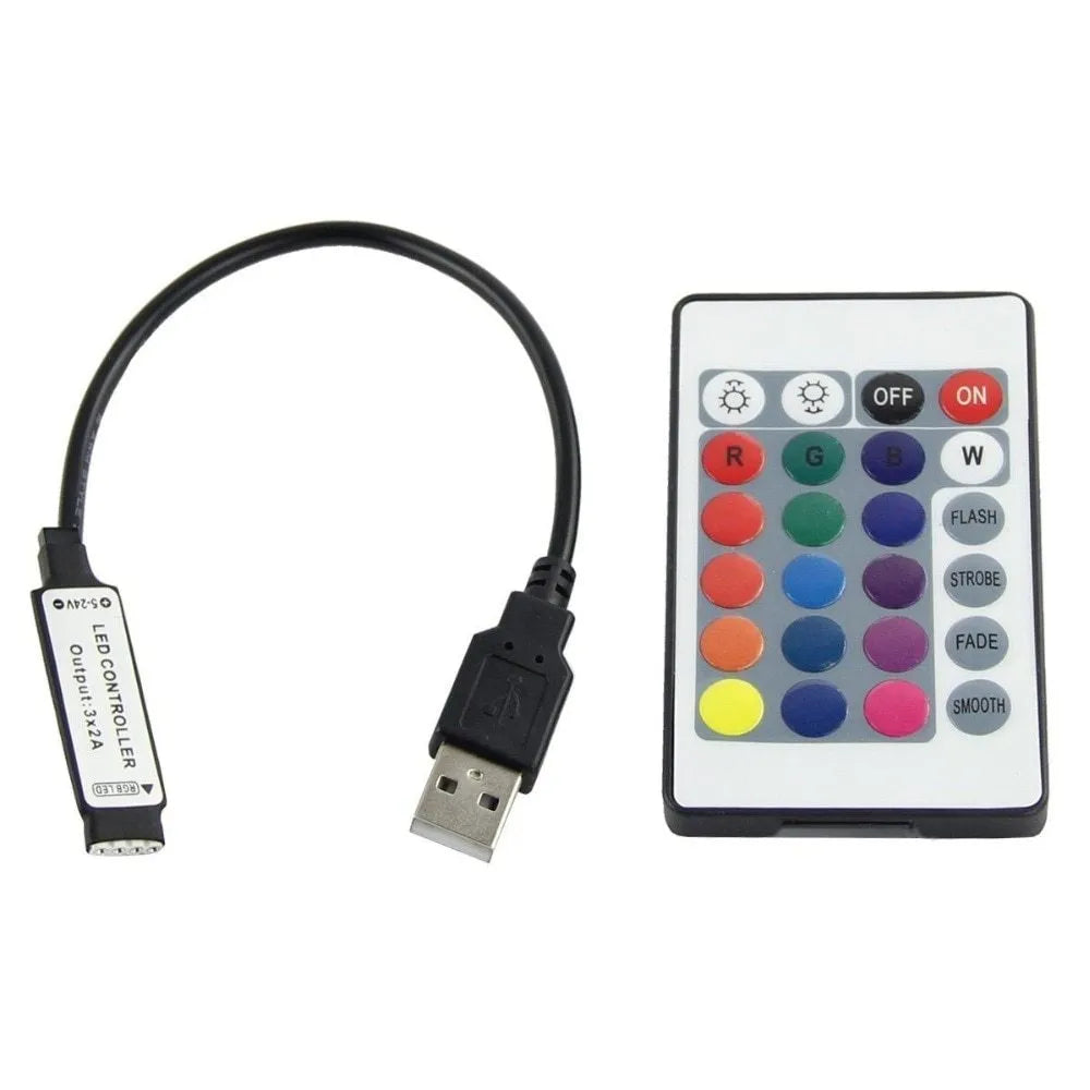 One-metre long flexible USB LED light strip showing multiple colour options including blue and white.