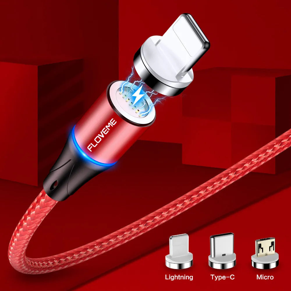 Black magnetic 3-in-1 fast charge data cable with side lighting for iPhone and Android phones