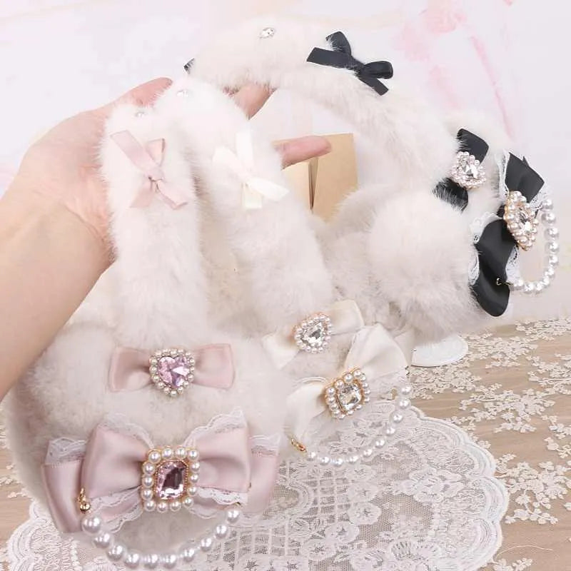 Plush heart bow tie earmuffs 11x11cm in black, light meat powder, and milky white