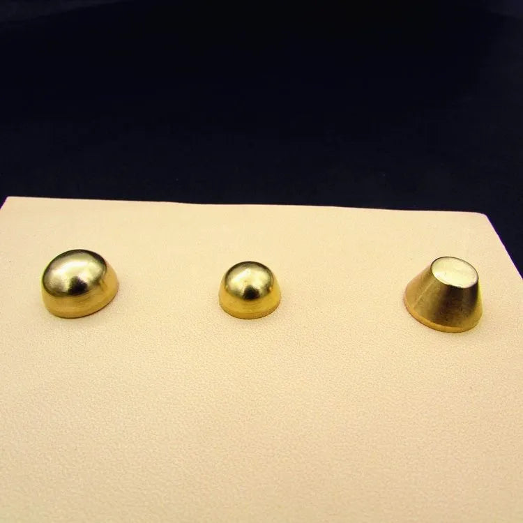 Brass decorative buckle foot nails in round and geometry bucket designs, sizes 10x6mm and 12x7mm.