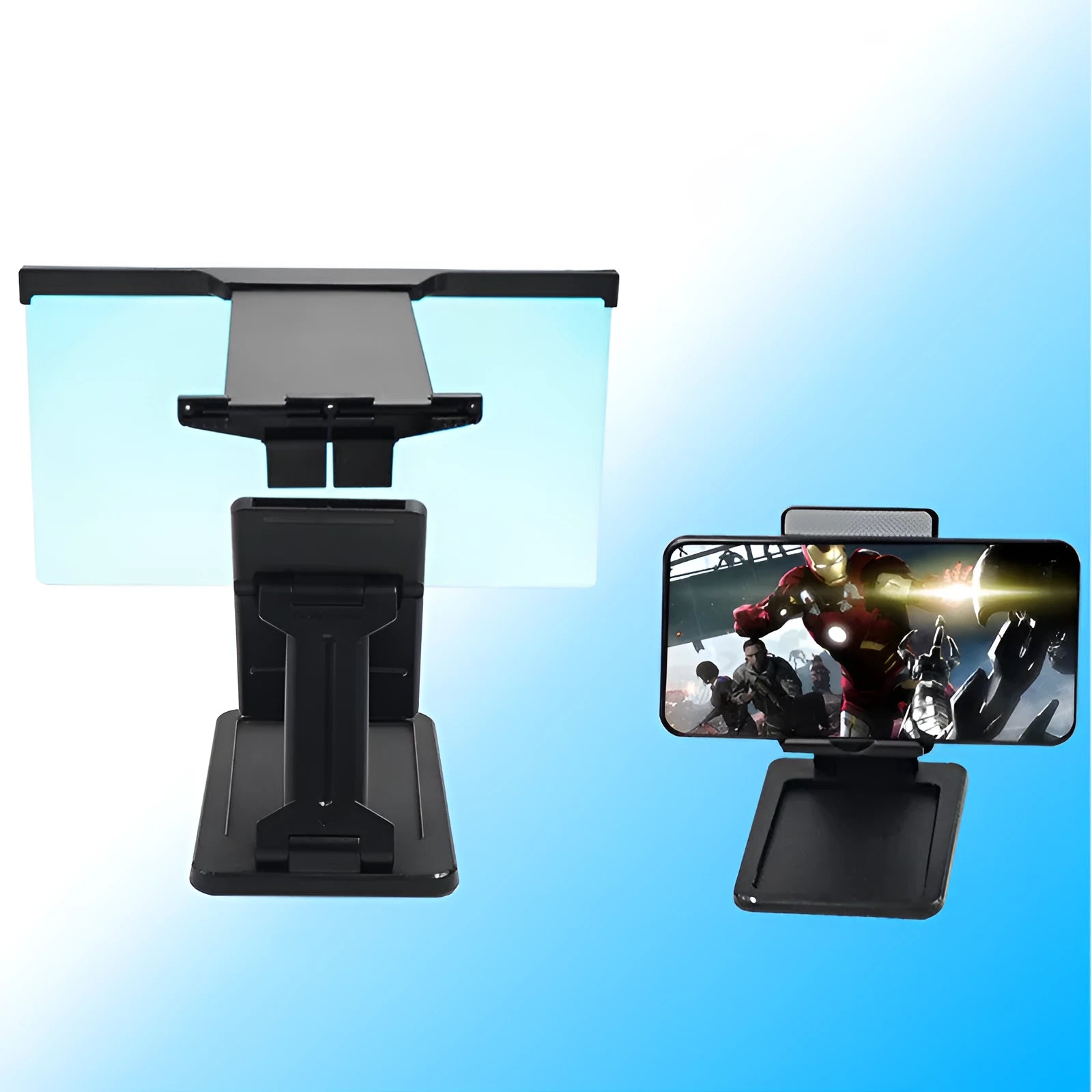 Black L20 split mobile phone screen magnifier with acrylic lens and ABS shell next to its adjustable phone bracket.