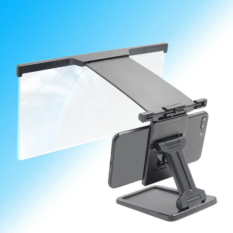 Black L20 split mobile phone screen magnifier with acrylic lens and ABS shell next to its adjustable phone bracket.