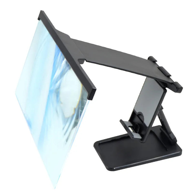 Black L20 split mobile phone screen magnifier with acrylic lens and ABS shell next to its adjustable phone bracket.