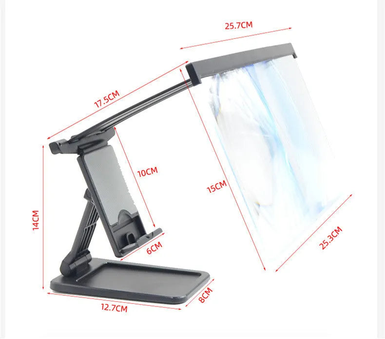 Black L20 split mobile phone screen magnifier with acrylic lens and ABS shell next to its adjustable phone bracket.
