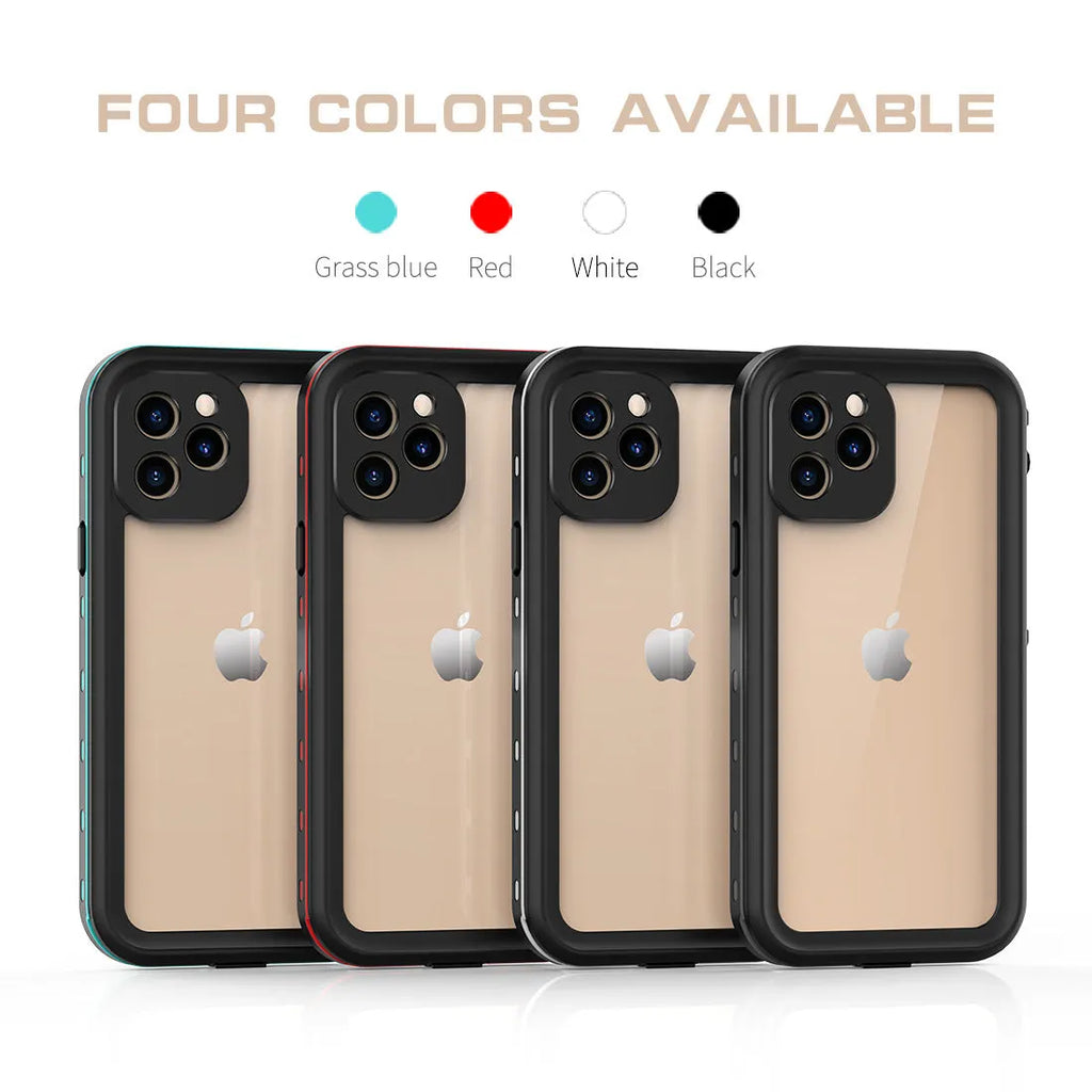 FREDPEPPER IP68 waterproof case for iPhone 12 Pro Max and iPhone 14 Pro in black, blue, and red colours