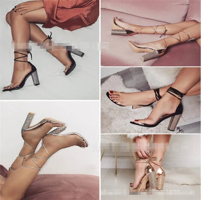 Black and Gold pointed toe plastic high heels for women, side view.