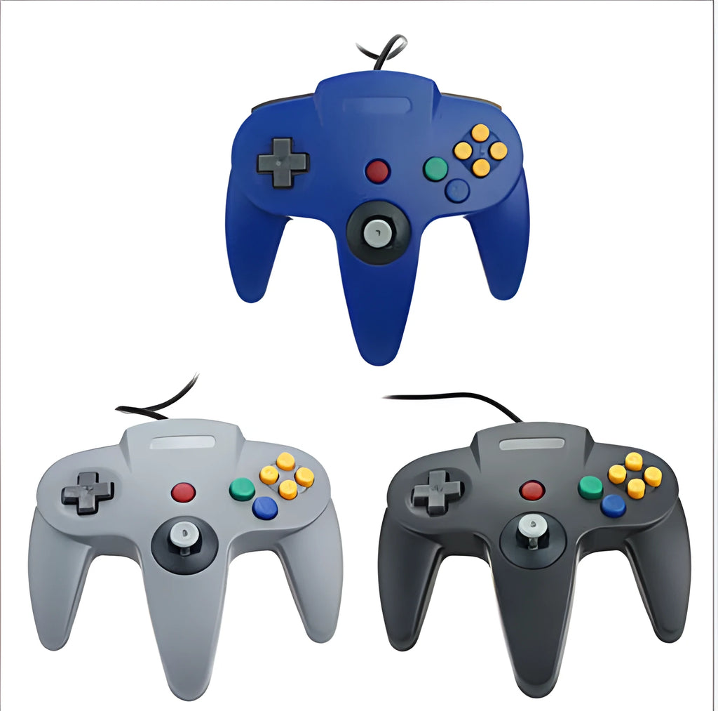 USB N64 controller for PC computers in blue colour with three-pronged design