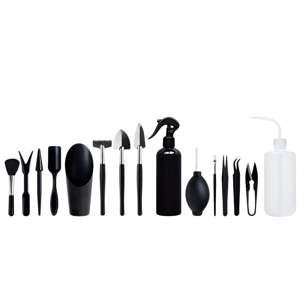 Black plastic and metal 16-piece mini gardening tool set for succulents and bonsai, laid out with a cushion.