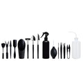 Black plastic and metal 16-piece mini gardening tool set for succulents and bonsai, laid out with a cushion.