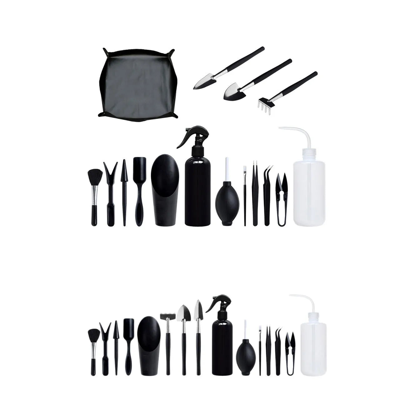 Black plastic and metal 16-piece mini gardening tool set for succulents and bonsai, laid out with a cushion.