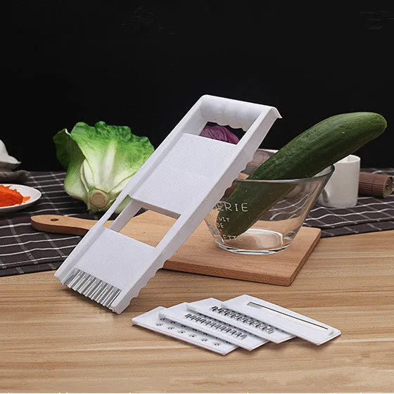 White 5-piece multifunctional kitchen grater and slicer set in stainless steel and ABS with hand guard, 28.3 x 13.2 cm