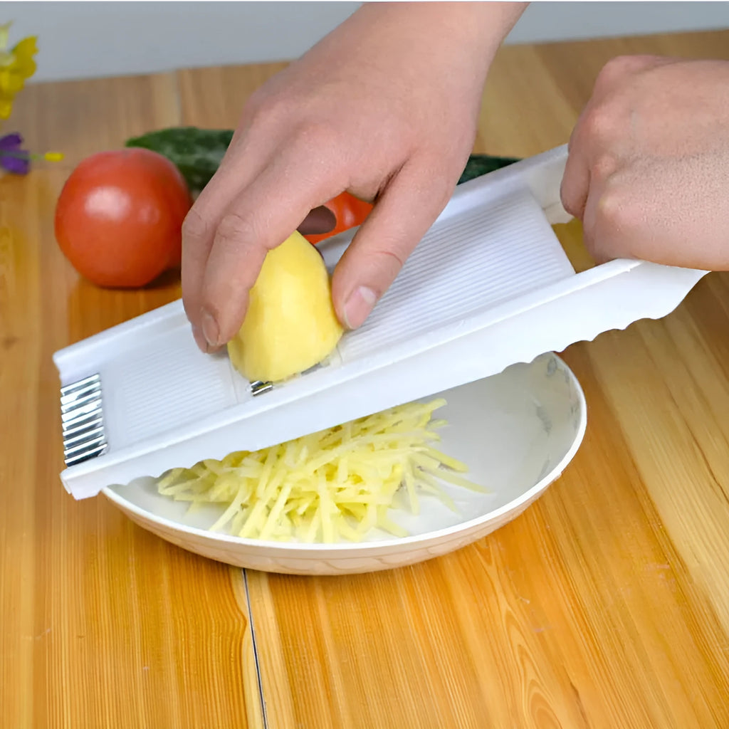 White 5-piece multifunctional kitchen grater and slicer set in stainless steel and ABS with hand guard, 28.3 x 13.2 cm