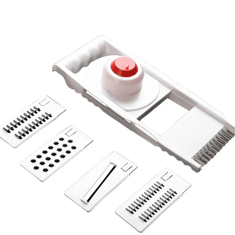 White 5-piece multifunctional kitchen grater and slicer set in stainless steel and ABS with hand guard, 28.3 x 13.2 cm