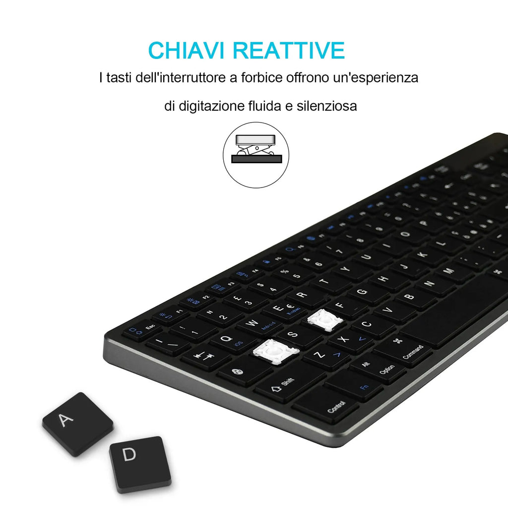 Universal rechargeable Bluetooth keyboard with 104 keys for tablet and phone in white black or grey