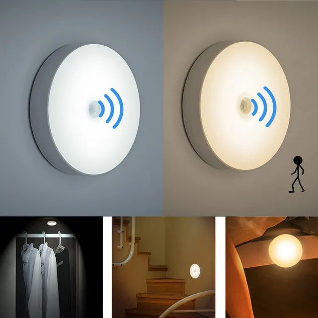USB rechargeable motion sensor night light in beige or white, 86mm diameter, with adhesive tape