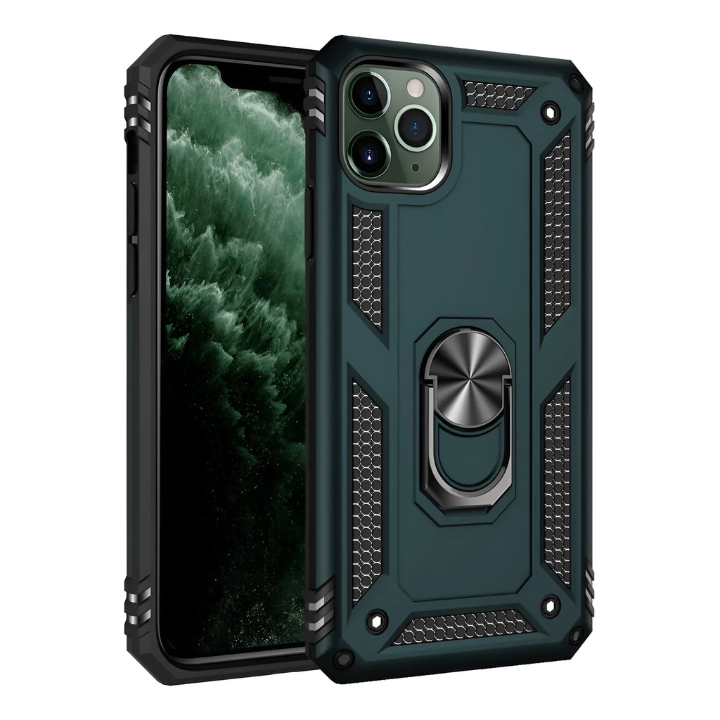 iPhone case with built-in car mount holder in dark green, black, red, blue, rose gold, gold, and silver colours.