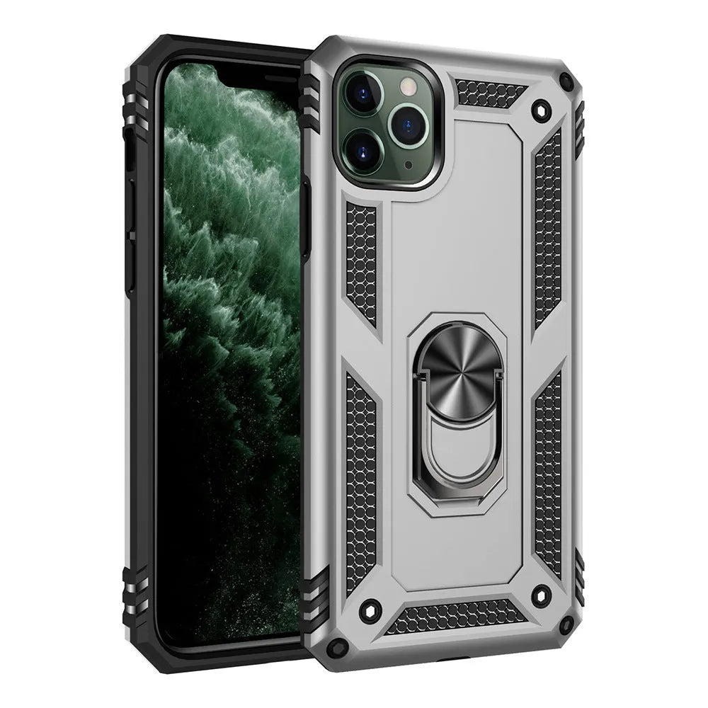 iPhone case with built-in car mount holder in dark green, black, red, blue, rose gold, gold, and silver colours.