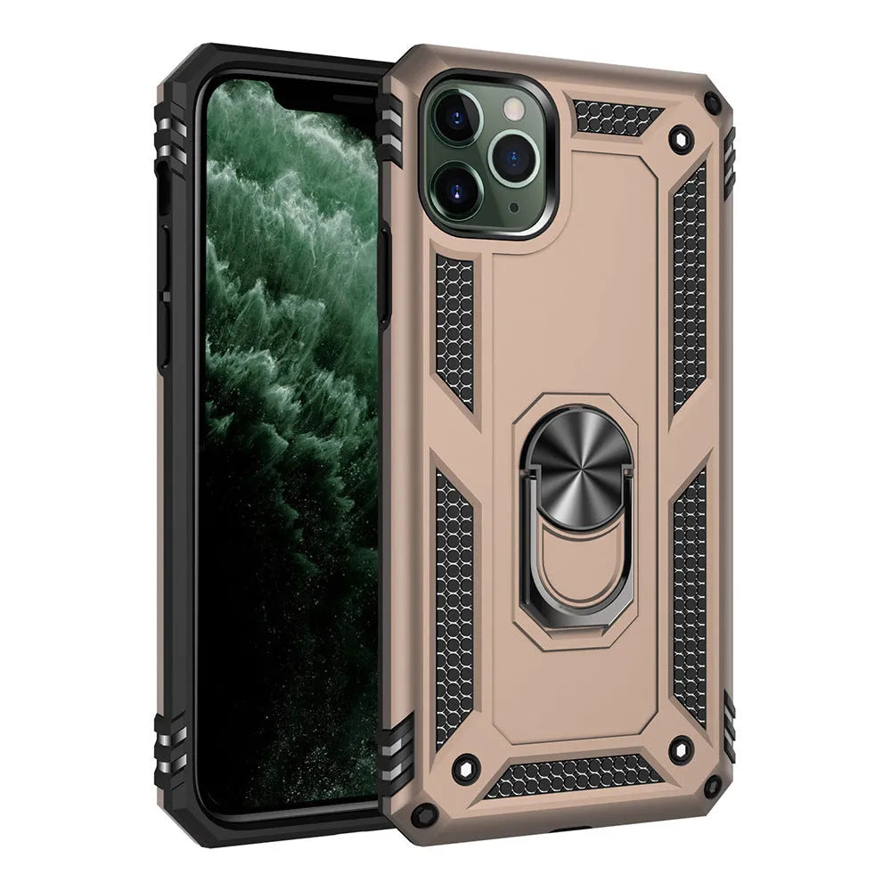 iPhone case with built-in car mount holder in dark green, black, red, blue, rose gold, gold, and silver colours.