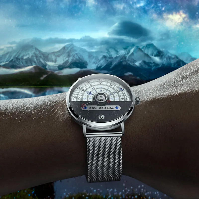 M-1288 men's sport watch with round 40mm dial, alloy case, and choice of stainless steel or leather strap.